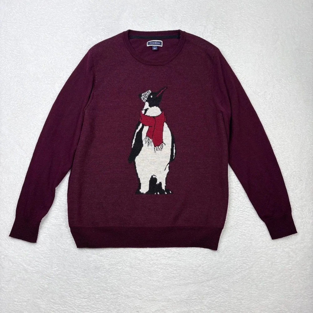 Club Room Mens Merino Wool Blend Penguin Sweater‎ Burgundy Red Large Intarsia